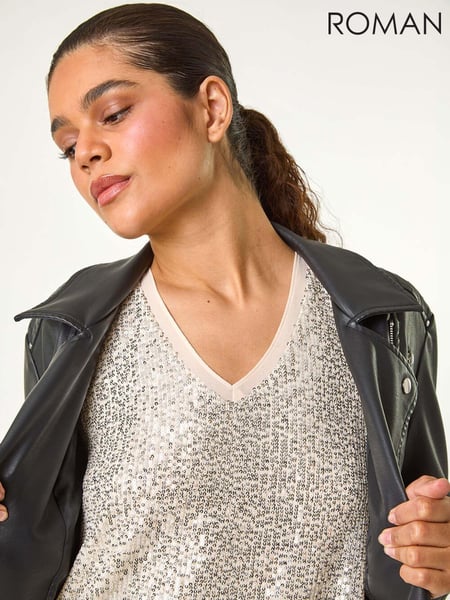 Roman Metallic Sequin V-Neck Tunic Stretch Top (AN1436) | € 70