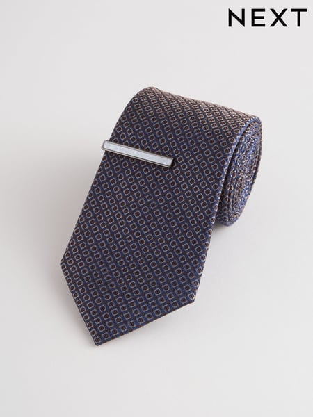 Navy Wide Silk Tie With Tie Clip (AN1454) | € 42