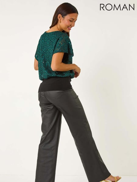 Roman Green Sequin Lace Stretch Overlay Top (AN1538) | € 62