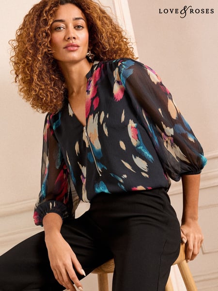 Love & Roses Black Abstract Petite Zip Front Mix Sheer Long Sleeve Length Blouse (AN1687) | € 59