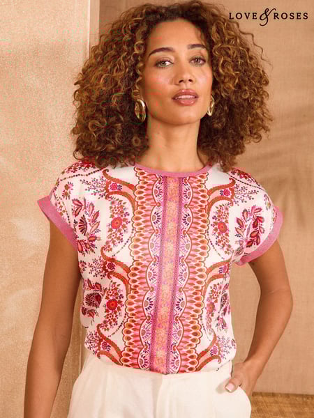 Love & Roses Pink and Orange Printed Petite Satin Front Jersey Back Crew Neck Top (AN1694) | € 45