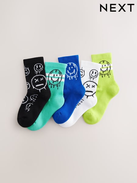 Blue/Green Graffiti Smile Cushioned Footbed Cotton Rich Ribbed Tipped Socks 5 Pack (AN2365) | € 10 - € 14