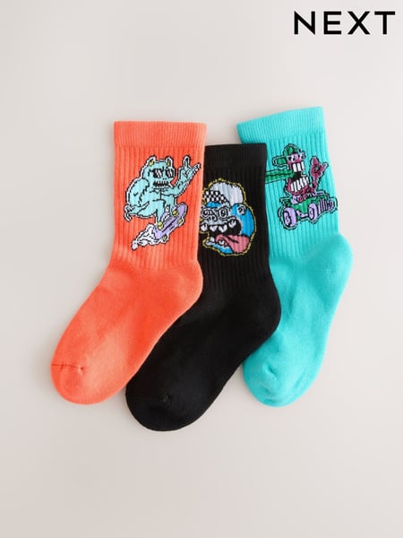 Black/Orange/Teal Monster Cushioned Footbed Rich Ribbed Tipped Socks 3 Pack (AN2369) | € 7 - € 11