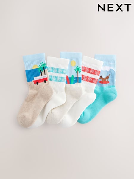 Summer Beach Landscape Cushioned Footbed Cotton Rich Ribbed Tipped Socks 5 Pack (AN2371) | € 11 - € 16