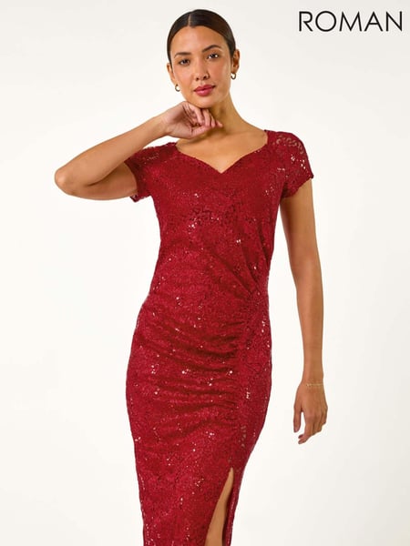 Roman Red Shimmer Lace Side Ruched Stretch Dress (AN2467) | € 86