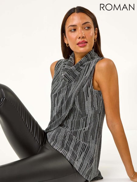 Roman Metallic Silver Shimmer Line Cowl Neck Tunic Top (AN2588) | € 59