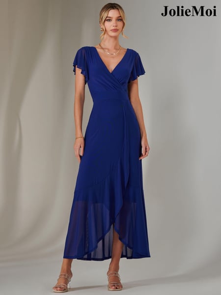 Jolie Moi Blue Plain Wrap Mesh Maxi Dress (AN2995) | € 123