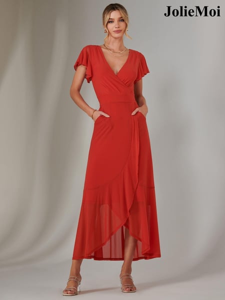 Jolie Moi Dark Orange Plain Wrap Mesh Maxi Dress (AN2999) | € 123