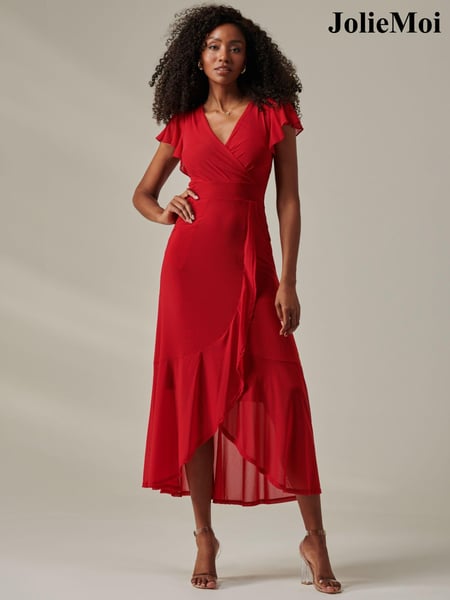 Jolie Moi Red Plain Wrap Mesh Maxi Dress (AN3000) | € 123