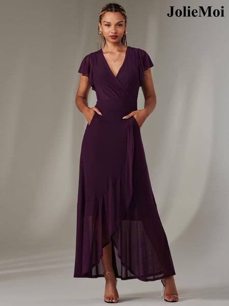 Jolie Moi Dark Purple Plain Wrap Mesh Maxi Dress (AN3001) | € 123