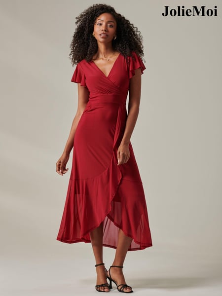 Jolie Moi Dark Red Plain Wrap Mesh Maxi Dress (AN3002) | € 123