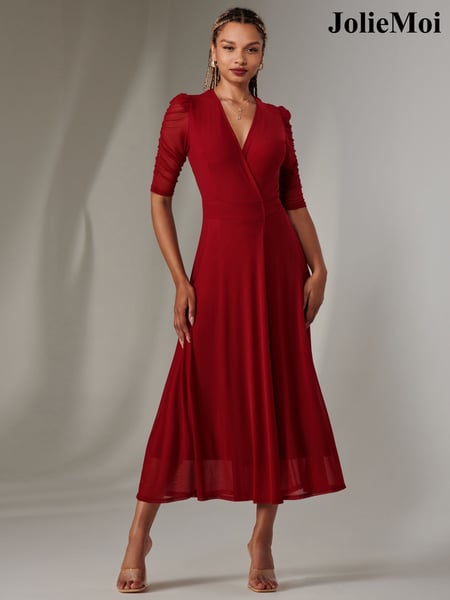 Jolie Moi cherry red Zeena Plain Wrap Mesh Maxi Dress (AN3269) | € 117
