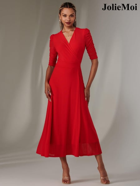 Jolie Moi Red Zeena Plain Wrap Mesh Maxi Dress (AN3270) | € 117