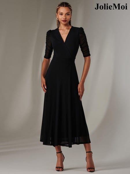 Jolie Moi Black Zeena Plain Wrap Mesh Maxi Dress (AN3274) | € 117