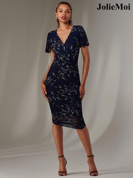 Jolie Moi Navy Angel Sleeve Ruched Bodycon Dress (AN3276) | € 117