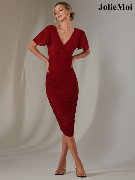 Jolie Moi Red Plain Angel Sleeve Ruched Bodycon Dress (AN3277) | € 117