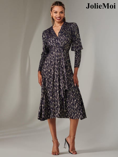 Jolie Moi Navy Layla Long Sleeve Metallic Wrap Dress (AN3278) | € 117