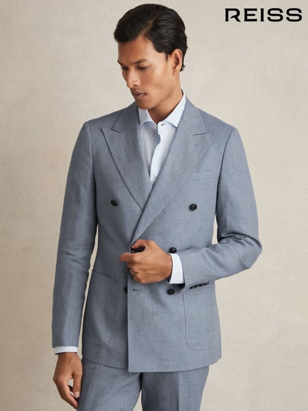 Reiss Airforce Blue Warner Db Slim-Fit Linen Double-Breasted Suit Blazer (AN3470) | € 515