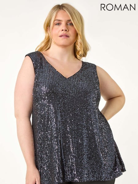 Roman Grey Curve Sequin V-Neck Stretch Vest (AN3662) | € 62