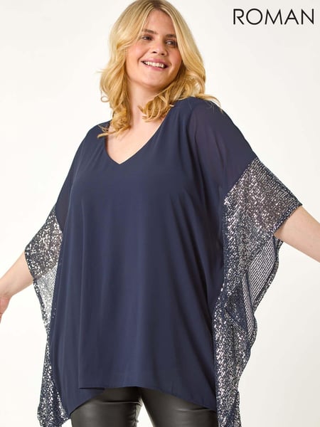 Roman Blue Curve Sequin Trim Overlay Top (AN3667) | € 75