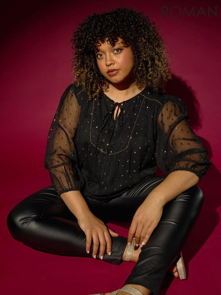 Roman Black Curve Tie Neck Metallic Top (AN3668) | € 62