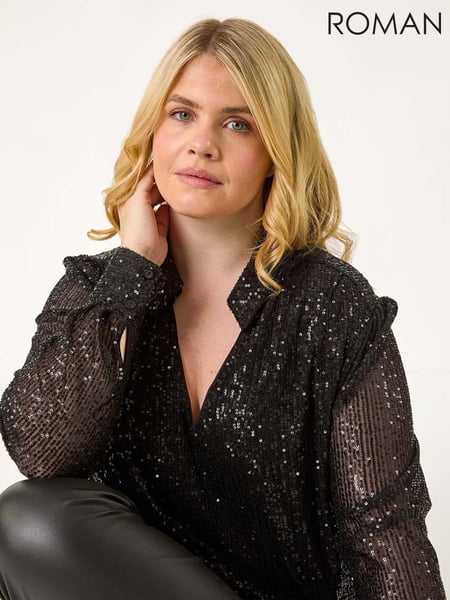 Roman Black Curve Sequin V-Neck Stretch Blouses (AN3671) | € 78