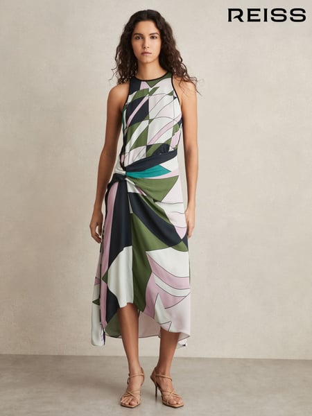 Reiss Green Avia Geometric-Print Gathered Midi Dress (AN3987) | € 359