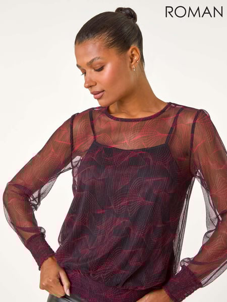 Roman Red Abstract Print Plisse Shirred Hem Top (AN4143) | € 62