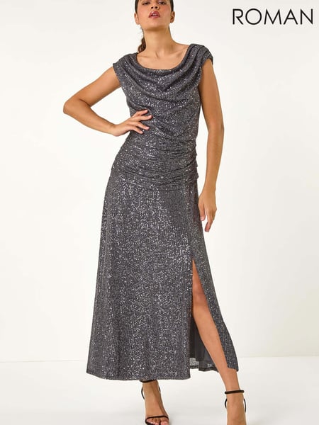 Roman Metallic Sequin Cowl Neck Stretch Maxi Dress (AN4176) | € 133