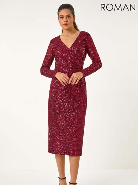 Roman Red Sequin Front Wrap Midi Stretch Dress (AN4178) | € 125