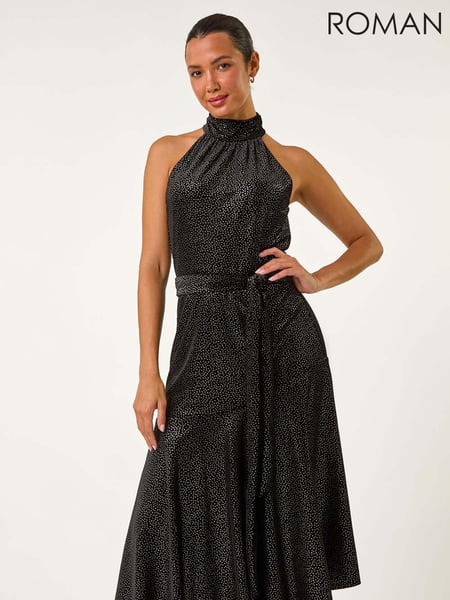 Roman Black Velvet Halter Neck Ruffle Hem Midi Dress (AN4185) | € 117