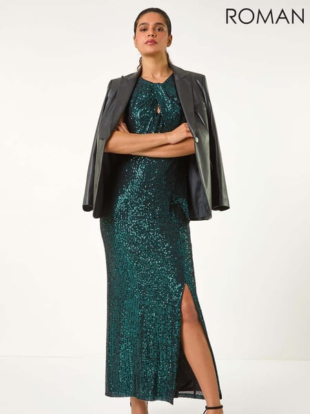Roman Green Sequin Twist Front Maxi Stretch Dress (AN4187) | € 133