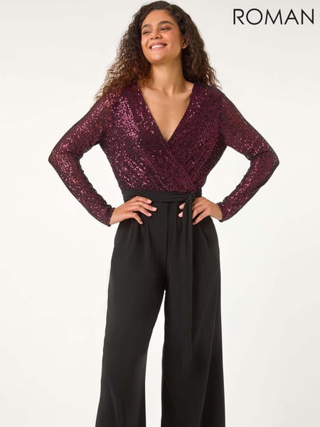 Roman Red Dark Sequin Wrap V-Neck Stretch Jumpsuit (AN4189) | € 86