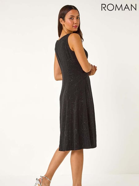 Roman Black Sparkle Floral Stretch Wrap Dress (AN4674) | € 86