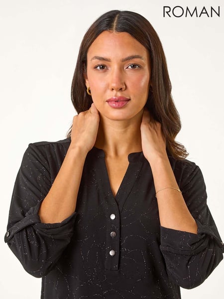 Black Roman Grey Metallic Linear Floral Stretch Blouses (AN4687) | € 62