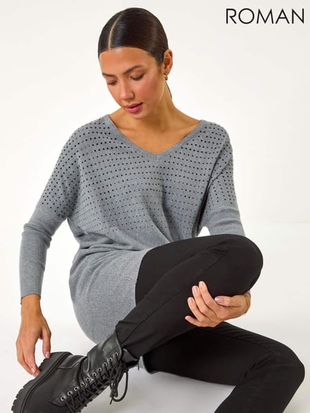 Roman Grey Relaxed Hotfix V-Neck Knitted Jumper (AN4692) | € 62