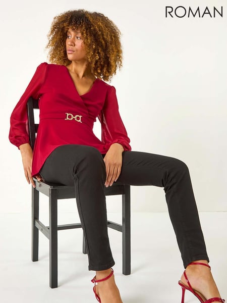 Roman Red Belted Peplum V-Neck Stretch Top (AN4693) | € 59
