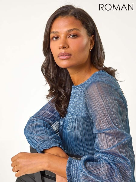 Roman Blue Shirred Yoke Metallic Plisse Top (AN4728) | € 59