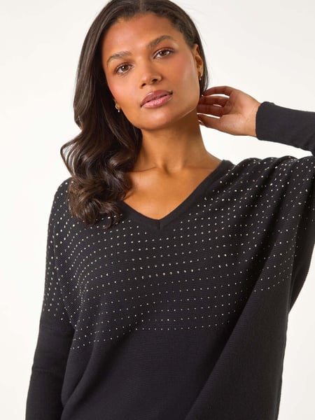 Roman Black Relaxed Hotfix V-Neck Knitted Jumper (AN4748) | € 62