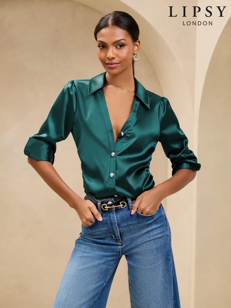 Lipsy Green Ruched Side Satin Button Through Shirt (AN5367) | € 59