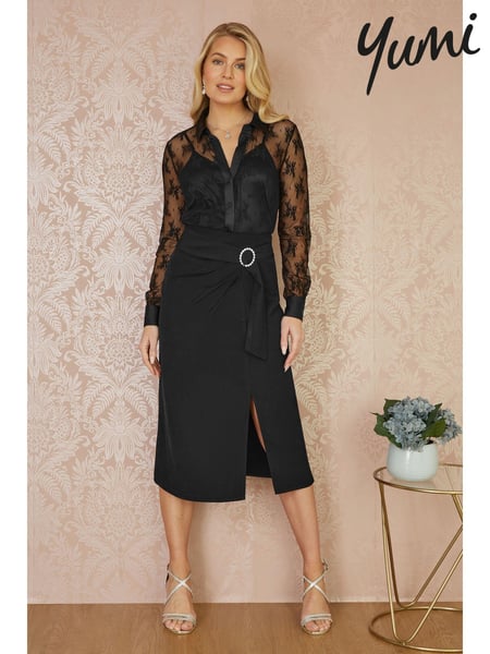 Yumi Black Diamante Buckle Faux Wrap Skirt With Split Hem (AN5984) | € 86