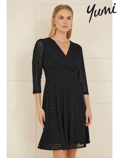 Yumi Black Velour Spot 3/4 Sleeve Wrap Skater Dress (AN5993) | € 94