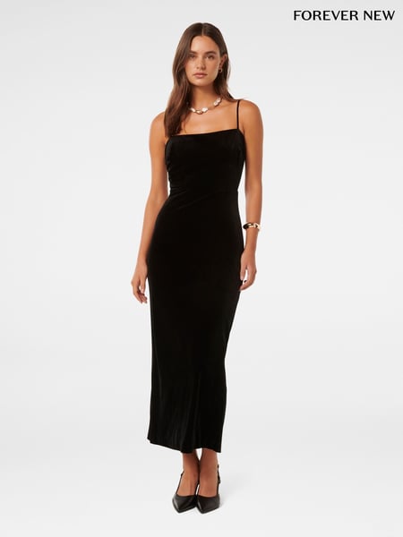 Forever New Black Skyler Strappy Velvet Midi Dress (AN6047) | € 78
