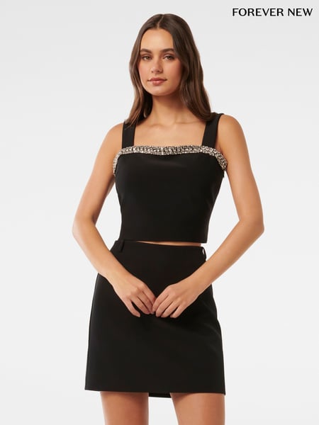 Forever New Black Camilla Embellished Trim Crepe Top (AN6054) | € 39