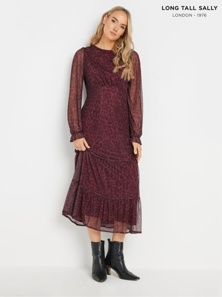 Long Tall Sally Burgundy Red Mesh Leopard Print Tiered Dress (AN6237) | € 33