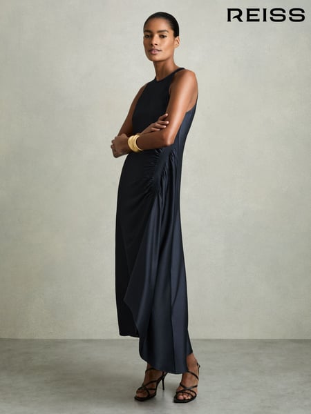 Reiss Navy Anessa Petite Satin Shirred Midi Dress (AN6306) | € 265