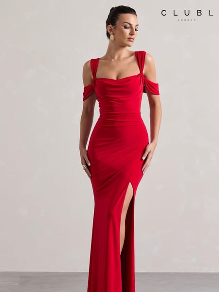 Club L London Red Amoura Square Neck Draped Wrap Maxi Dress (AN6531) | € 117