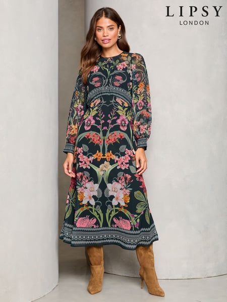 Lipsy Black Leopard Print Long Sleeve Woven Underbust Midi Dress (AN6671) | € 106
