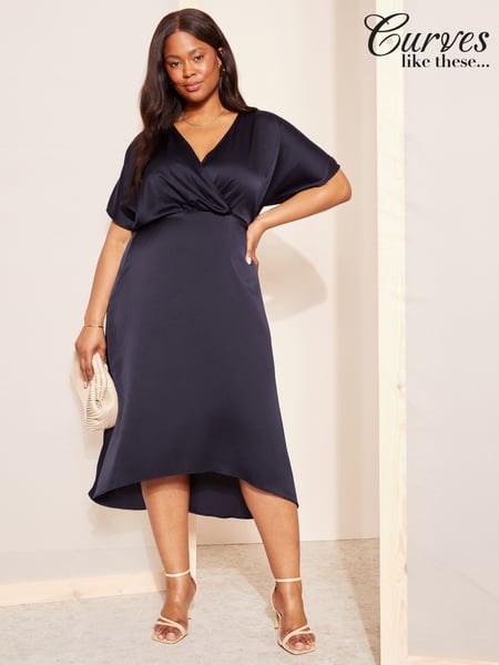 Curves Like These Blue Curve Satin Short Sleeve Wrap Midi Dress (AN6692) | € 50