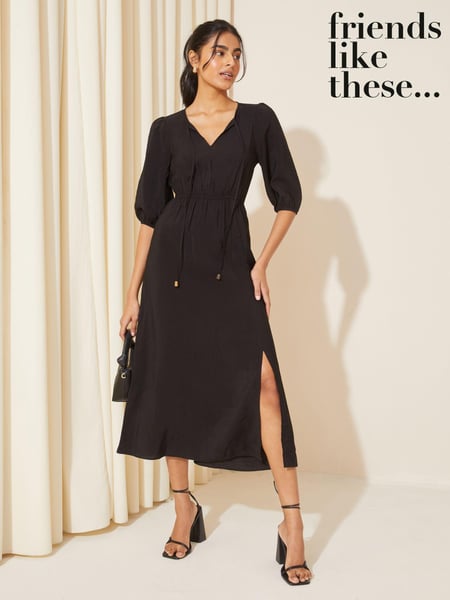 Friends Like These Black V-Neck Puff Sleeve Shirred Waist Dress (AN6695) | € 23